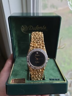 Lucien Piccard Gold Tone Bracelet Watch with Black Dial